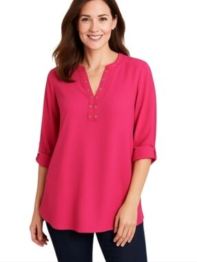 Chico’s Hot Pink Chiffon Top Size XS (0) Grommet V-Neck 3/4 Sleeve